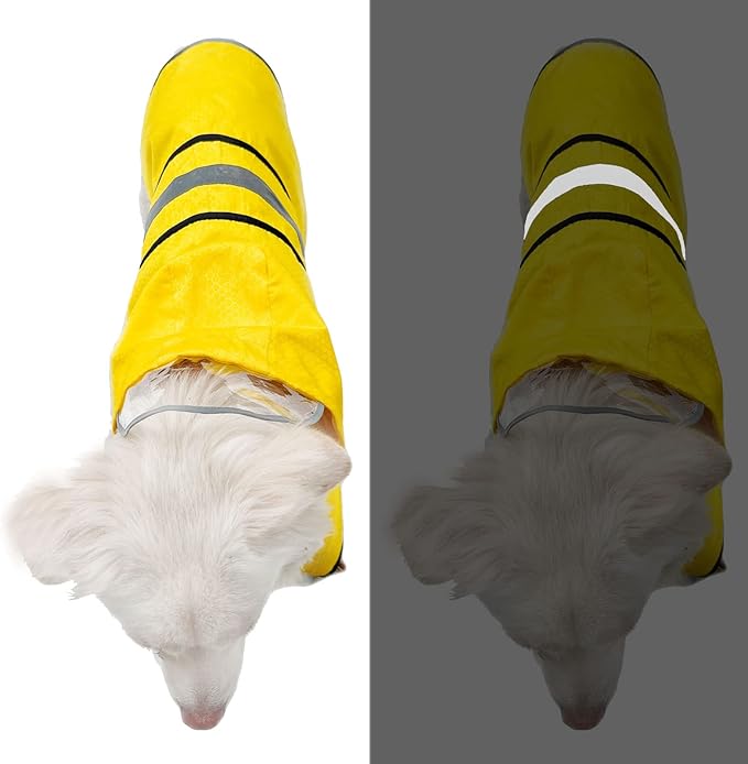 Dog Raincoat Waterproof Reflective Slicker - Lightweight Breathable Hooded Poncho Rain Coat Jacket with Adjustable Belly Strap and Leash Hole for Small Medium Large Dogs (Large, Yellow)