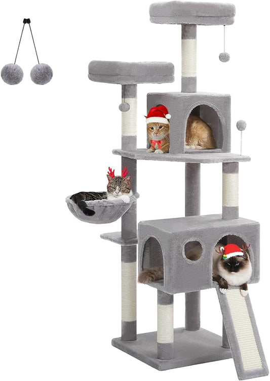 64-Inch Large Cat Tree for Indoor Cats, Multi-Level Tall Cat Tower with 2 Soft Top Perches, 2 Caves, 5 Sisal Scratching Posts, 2-in-1 Scratching Ramp, 1 Hammock & 3 Pompoms, Grey