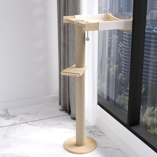 Cat Window Perch with Scratching Post Strong Supported - Large Hammock Bed for Cats Inside - Solid Wood Seat, Soft Cushion - Rustic Indoor Cat Tree Shelf for Sunbathing (Natural, Large 2)