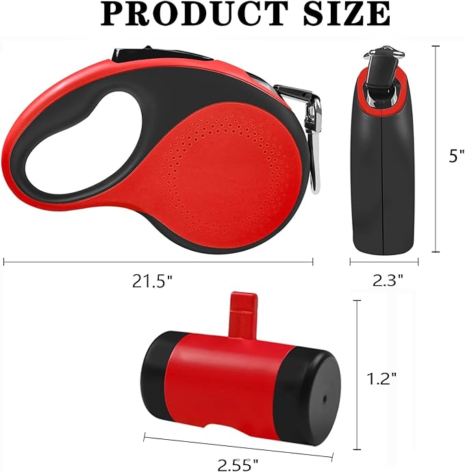 Retractable Dog Leash with Light - 26Ft Leashes with Poop Bag & Holder, One Button Break & Lock, 360°Tangle Free, Anti Slip Grip, Red