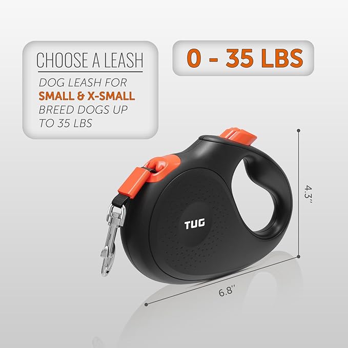 TUG 360° Tangle-Free Retractable Dog Leash | 16 ft Strong Nylon Tape (Small, Black/Orange)