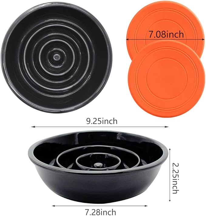 GH Ceramic Slow Feeder Dog Bowl, 3 Cups, 2 Pet Flying Discs Included - Black