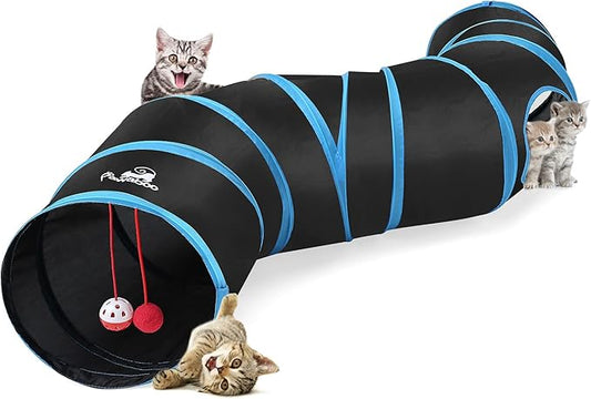 Pawaboo Cat Toys, Cat Tunnel Tube S-Shaped Tunnels 25x97cm Extensible Collapsible Cats Play Tent Interactive Toy Maze Cats House with Balls and Bells for Kitten Kitty Rabbit Small Animal, Blue