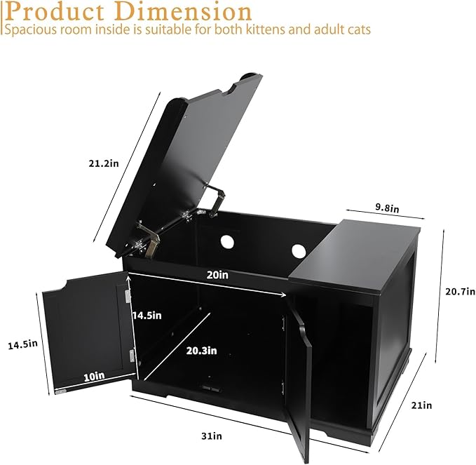 Flip Top Cat Litter Boxes Enclosure Covered Litter Box Hidden Furniture Wooden Cat Washroom Cabinet for Kitty, Medium and Large Cat Black