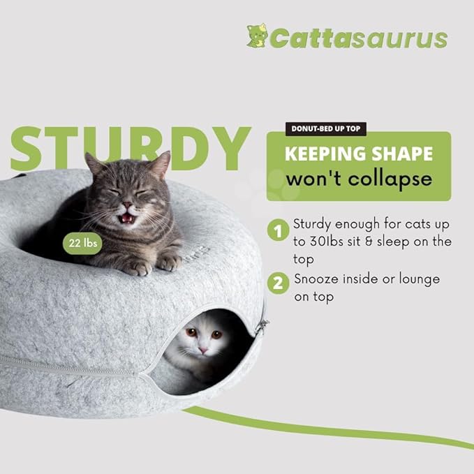 Cattasaurus Peekaboo Cat Cave Donut for Multiple & Large Cats up to 30-45 lbs, 3-in-1 Self Warming Cat Bed, Tunnel & Scratcher for Indoor Cats, Washable & Detachable (Light Gray + Light Gray, Large)