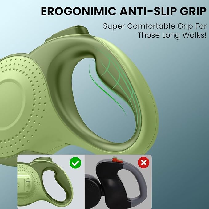Best Dog Supplies 4-in-1 Anti Pull Retractable Dog Leash 26ft/8Meter Long with Flashlight and Poop Bag Dispenser for Medium Large Dogs - Green