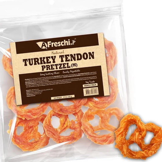 AFreschi Turkey Tendons for Dogs, USA-Sourced, Healthy Dog Treats, Rawhide-Free Puppy Chews, Long Lasting, All Natural, Hypoallergenic Dog Treats for Medium Breeds, 10 oz Pack Pretzel (M)