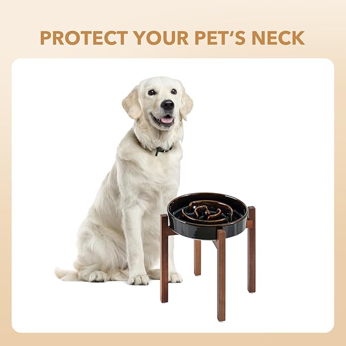Ceramic 3.2 Cup Raised Slow Feeder Dog Bowl Set, Elevated Acacia Wood Stand for Large Dog, 9.5inch Slow Dish, Preventing Choking(Single Bowl+ Stand, Starry Sky)