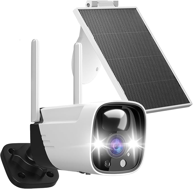 2K Solar Panel for Security Camera Outdoor, Solar Powered Surveillance Camera System with IP65, Color Night Vision, 2 Way Talk, Spotlight & Siren, Compatible with Alexa, AI Detection, No Monthly Fee