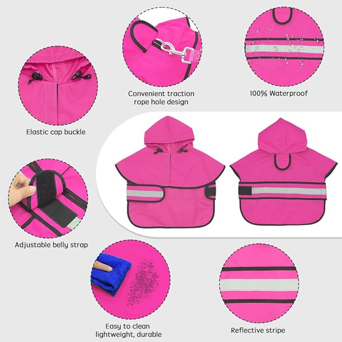 Candofly Reflective Dog Raincoat - Waterproof Dog Rain Jacket with Leash Hole, Hooded Dogs Ponch Slicker for Large Dogs (Pink, X-Large)