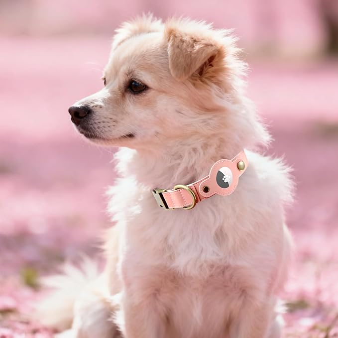AirTag Dog Collar for Medium Dogs Puppy - Soft Leather Dog Collar with Apple AirTag Holder and Metal Buckle - Smart Tracker GPS Apple Air Tag Pet Collars(Pink, M)