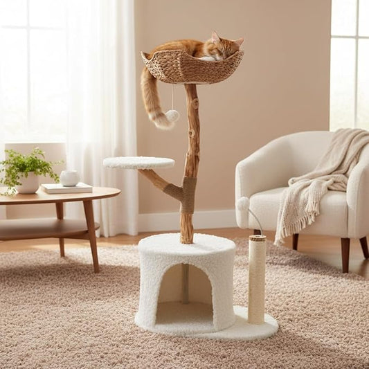 Real Wood Modern Cat Tree Tower for Indoor Cats – Multi-Level Stylish Cat Condo with Woven Basket, Plush Cushions, Scratching Post, Cave & Toys, White