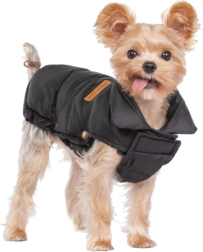 SPACE LION Dog Puffer Jacket, Down Winter Coat, Durable Outdoor Coat for Cold and Windy Conditions, Lightweight & Adjustable Fit Coats for Small Dogs, (Black, Size8/XS)
