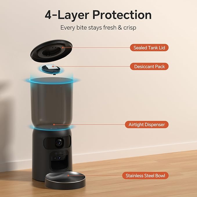 Automatic Cat Feeder with Dual 2K HD Camera, Smart Pet Food Dispenser for Timed Meals, APP Control Laser Interactive Toy Treat Feeders with 2.4G / 5G WiFi, Black