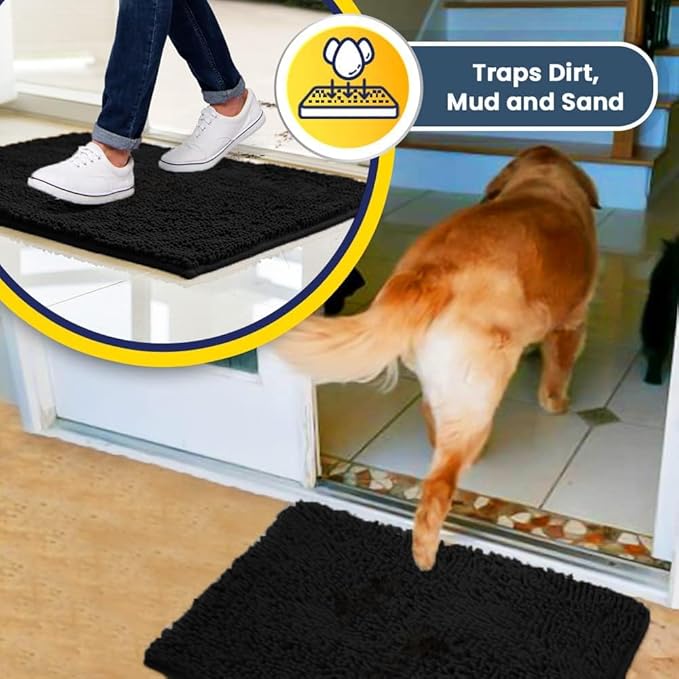 Muddy Mat® Shown on TV – Super Absorbent Door Mat Indoor, Microfiber Quick Dry Chenille Entryway Rug, Non-Slip Front Door Mat, Indoor Mats for Entryway, Machine Washable Pet Rug, Black 36"x60"
