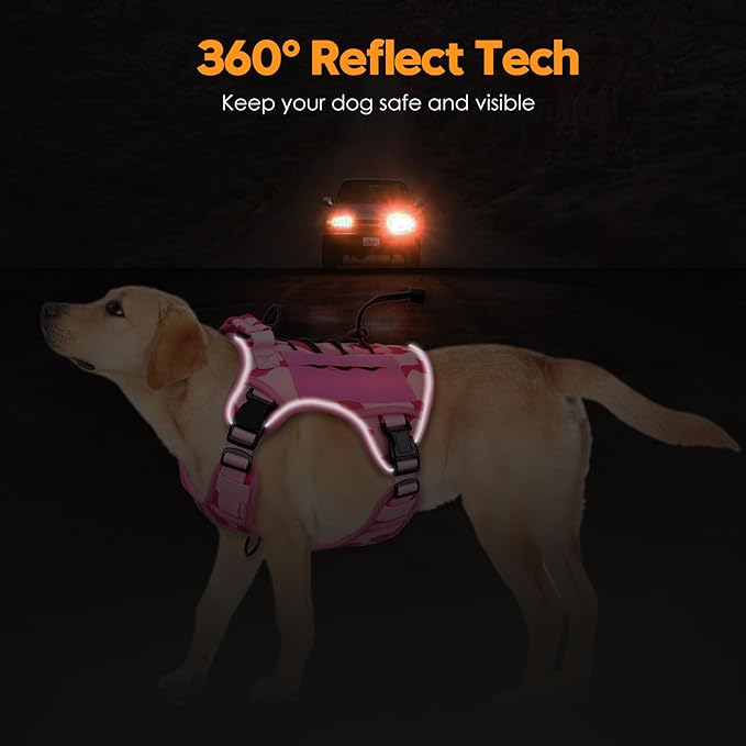Heavy-Duty Tactical Dog Harness for Large Dogs, No Pull Adjustable Reflective Pet Vest with Molle System, K9 Military-Grade Control for Service Training, Outdoor & 10+ Breeds, Pink Camo, Large