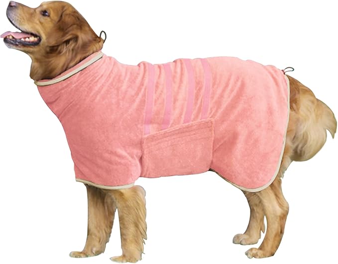 Dog Robe - Fast Drying Towel - Microfiber Super Absorbent Pet Bathrobe, Adjustable Collar & Belly Strap (Pink, Large)