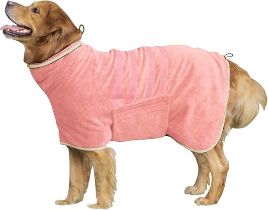 Dog Robe - Fast Drying Towel - Microfiber Super Absorbent Pet Bathrobe, Adjustable Collar & Belly Strap (Pink, X-Large)