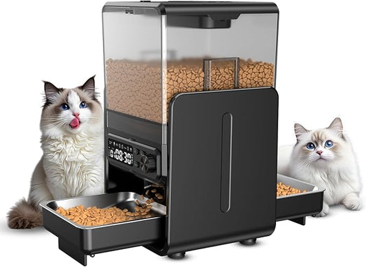 Automatic Cat Feeder for 2 Cats, 5L/20 Cups Food Dispenser with Adjustable Raised Double Bowls, Detachable Control Panel, Timed Cat and Dogs Feeder for Dry Food, Dual Power Supply
