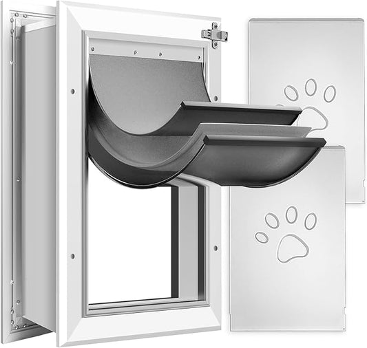 [Petoasis] 3-Flaps Heavy-Duty Dog Door for Wall, Rust Proof Aluminum Alloy Frame, Extreme Weather Dog Door Can Block Wind, Snow, and Rainwater Intrusion (Silvery White, Large for Wall)