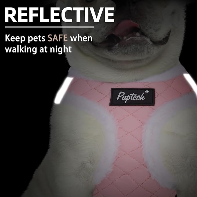PUPTECK Plush Dog Harness and Leash Set for Small Medium Dogs No Pull Step-in Soft Mesh Puppy Cat Winter Vest Harnesses Reflective at Night Warm, Plush Pink, S