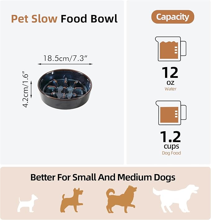 Ceramic 1.2 Cup Dog Bowl Slow Feeder, 7.3 inch Slow Pet Food Dish for Medium and Small Dog, Stop Bloat, Preventing Choking(Single Bowl, Starry Sky)
