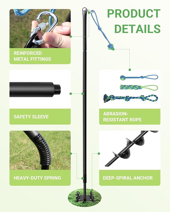 Tether Tug Outdoor Dog Toy, 31"-78" Tug of War Dog Toy with Safety Pole Cover, 3 Replaceable Ropes & Spiral Ground Anchor - 4 Durable Spring Pole Interactive Pull Toy for Large Medium Small Dogs