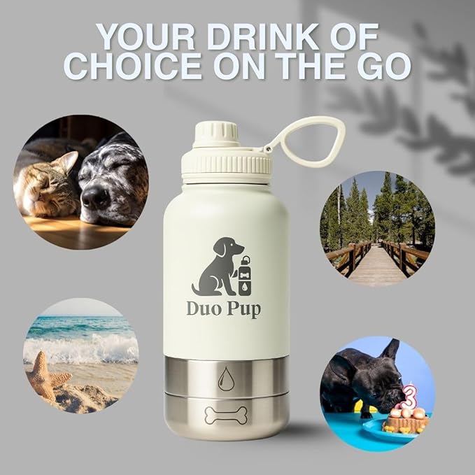 DuoPup 32oz Insulated Stainless Steel Pet Water & Food Bottle – Portable Leak-Resistant Dispenser with Two Detachable Bowls & Carrying Strap – Travel, Hiking & Outdoor Pet Hydration – Dark Green