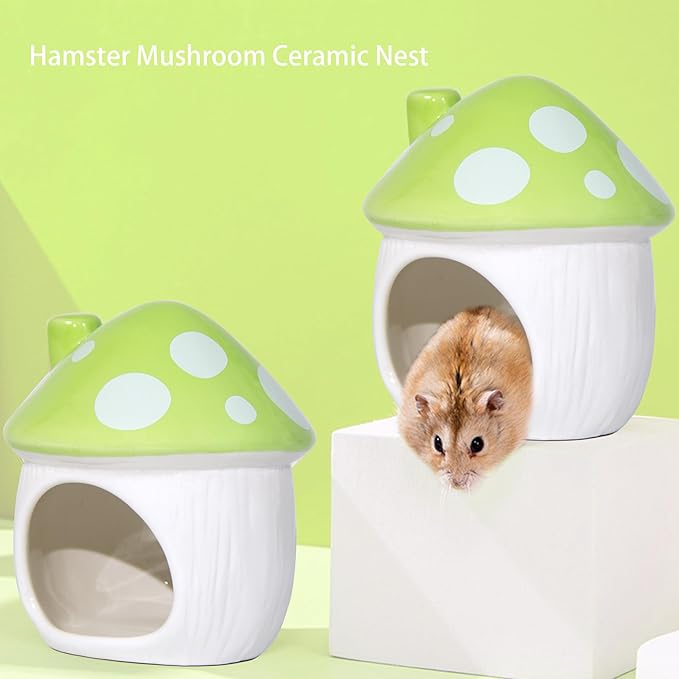 Ceramic Mushroom Hamster Hideout - Hamsters Habitat for Hamsters Chinchillas Hedgehogs and Gerbils Mouse Small Pet Guinea Pigs House Hamster Bed (Green)
