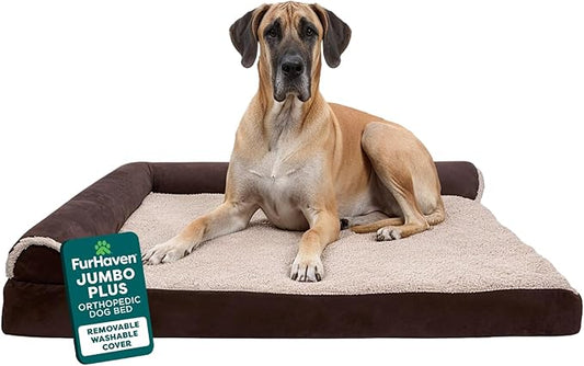 FurHaven Orthopedic Dog Bed for Large Dogs, L-Shaped Chaise Contour Mattress with Solid Orthopedic Foam Slab for Joint Support, Removable Washable Cover, Jumbo Plus XXL, Faux Fur & Suede, Espresso