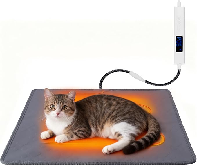 ELEGX Pet Heating Pad, 10 Adjustable Temperature Dog Cat Heating Pad, Waterproof Electric Heated Cat Bed with Smart Thermostat Switch & Chew Resistant Cord, Non-Slip Pet Heated Mat 17.7x17.7in