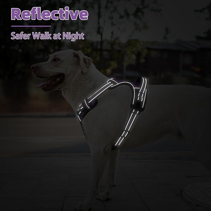 PUPTECK No Pull Dog Harness for Large, Adjustable Reflective Dog Harness with Handle Easy Control, Comfortable Soft Padded Pet Vest Harness for Extra Large Dogs, Solid Purple XL