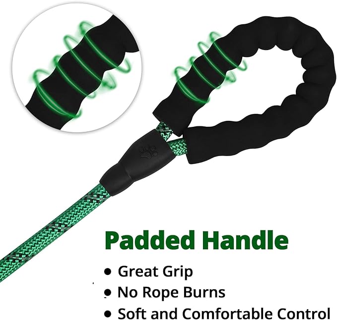 Rope Dog Leash 6 FT: Heavy Duty Leashes with Swivel Lockable Hook Reflective Threads Bungee and Padded Handle - Dog Lead for Large Small Medium Dogs Outside Walking Hiking Green