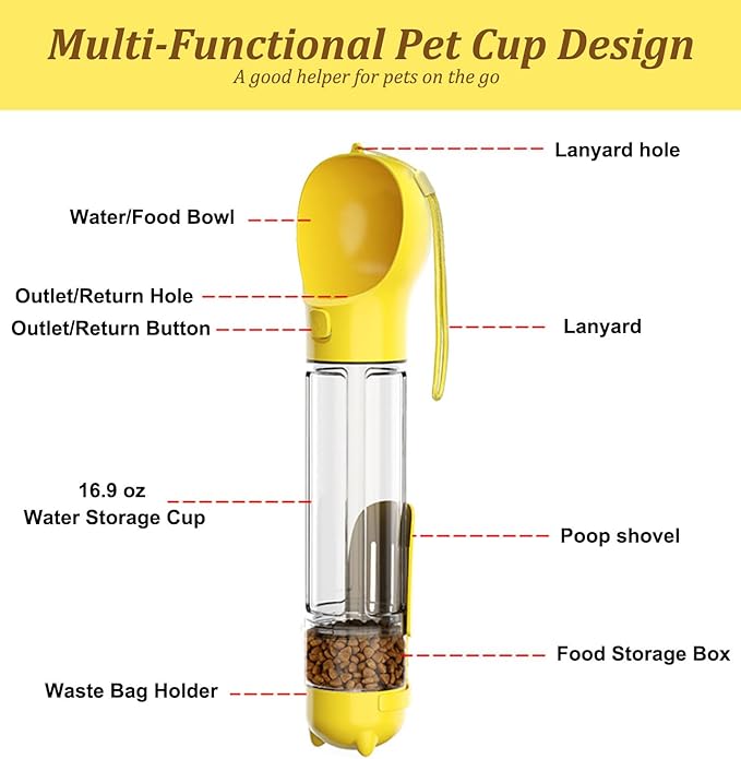 16.9oz Portable Pet Water Bottle Food Container,Travel Drink Feeder Cup Food Dispenser with Poop Shovel 17Pcs Waste Bag,for Dog Pets Walking Hiking (Blue, 16.9oz(500ml))