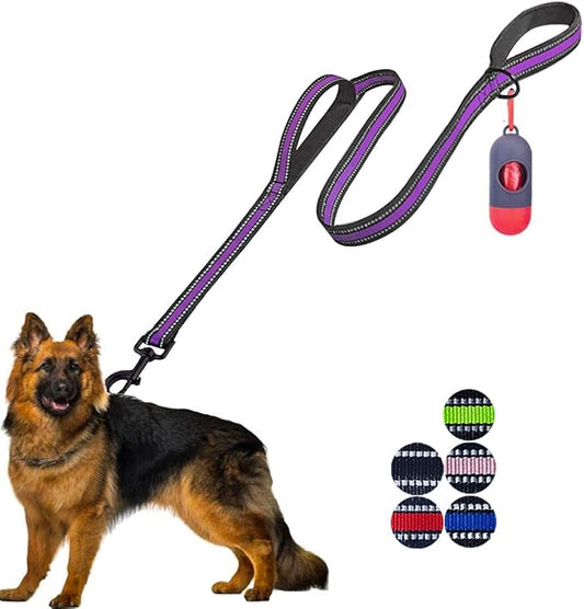 JSXD Heavy Duty Double Handle Dog Leash - 5 FT with Comfortable Padded and Reflective Rope, for Small to Large Dogs (Wide-Purple)