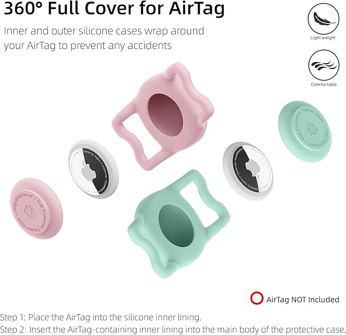 [4 Pack] TAGHELP-Airtag Dog Collar Holder, Waterproof Protective Case for Apple AirTag, Durable & Lightweight with Full-Body Protection, Soft Silicone (Pink Blue & Purple Green)