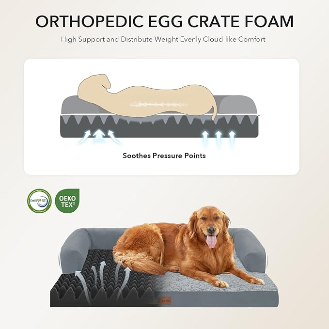 Orthopedic Dog Beds for Extra Large Dogs, Waterproof Egg Crate Foam XL Dog Bed with Sides 41x27Inch, Washable Big Dogs Couch Beds with Removable Cover and Nonskid Bottom, Grey