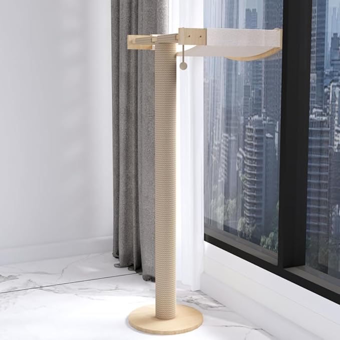 Cat Window Perch with Scratching Post Strong Supported - Large Hammock Bed for Cats Inside - Solid Wood Seat, Soft Cushion - Rustic Indoor Cat Tree Shelf for Sunbathing (Natural, Large 1)