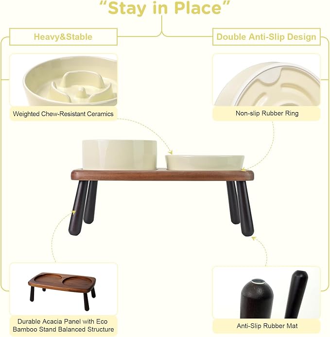 SPUNKYJUNKY Ceramic Elevated Dog Bowls with Slow Feeder Raised with Acacia Bamboo Wooden Stand, 6.1'' Dog and Cat Food Water Bowls Set Non-Slip for Small Medium Sized Breed - Beige