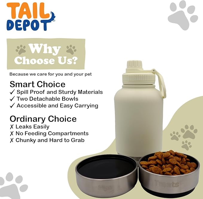 Tail Depot Snack Tank, 3-in-1 Water Bottle with Pet Treats and Water Bowl, Stainless Steel, Leakproof (Ivory, 1 Liter)