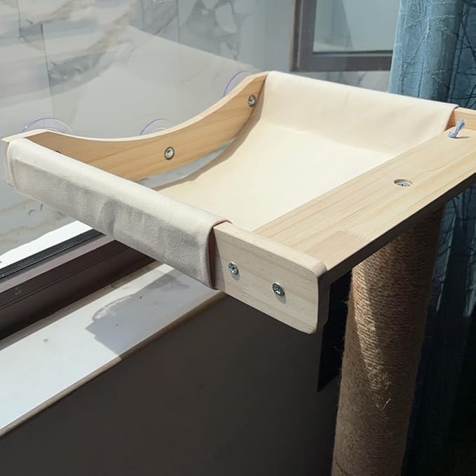 Cat Window Perch with Scratching Post Strong Supported - Large Hammock Bed for Cats Inside - Solid Wood Seat, Soft Cushion - Rustic Indoor Cat Tree Shelf for Sunbathing (Natural, Large 1)