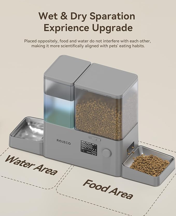 Rojeco 36Cups/8.5L Pet Automatic Cat Feeder and Gravity Water Dispenser,Stainless Steel Bowls 2-in-1 Set Large Capacity 5L Food Feeder and 3.5L Water Fountain for Cats,Pets,Small Dogs,Grey