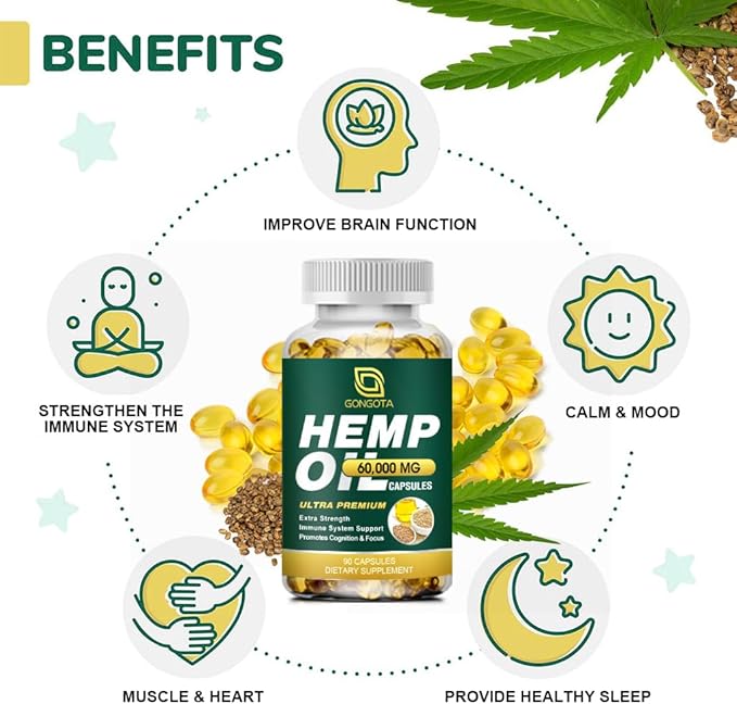 Hemp Oil Capsules - 100% Organic Hemp Oil, 60,000 Max Strength, Supports Immune, Skin, Calm, Sleep & Overall Health - 180 Veggie Softgels