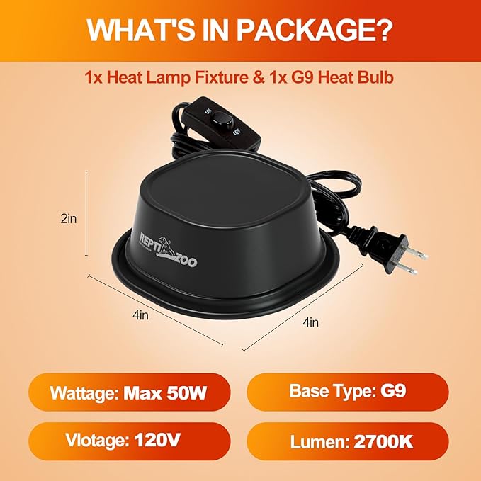 REPTI ZOO G9 Reptile Heat Lamp Bulb & Reptile Light Fixture with Safety Mesh Kit, 50W UVA Basking Light Fixture for Bearded Dragon Gecko Lizard Turtle Snake Chicken, Low Profile Warm White Heat Bulb