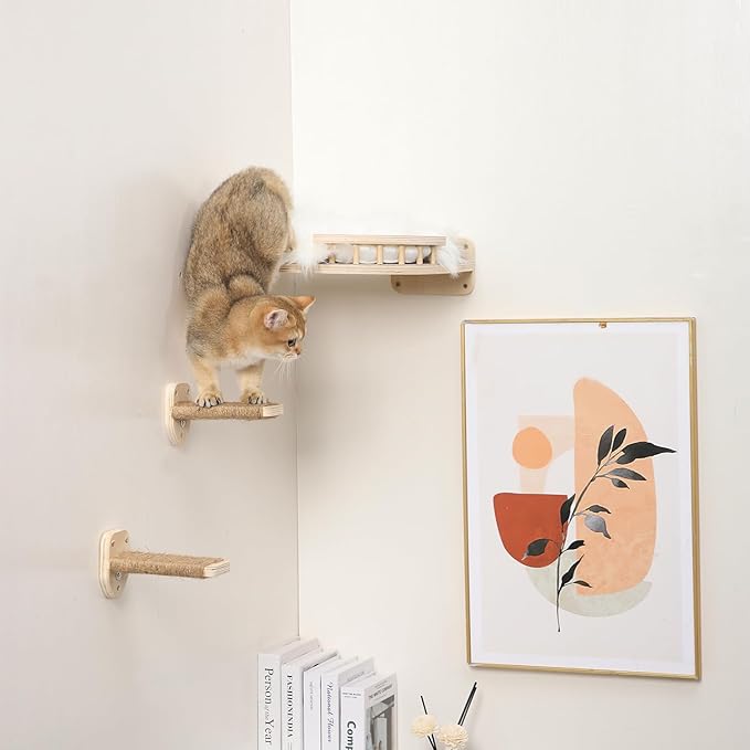 Cat Wall Shelves - 3 Steps Scratch Post & Hammock Bed with Plush Cover, Climbing Shelf for Indoor Cats (Wood)