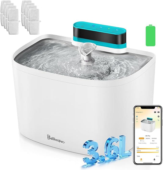 Cat Water Fountain, App Control Wireless Cat Fountain, 122oz/3.6L Pumpless Water Fountains for Cats Indoor with Stainless Steel Tray, Wi-Fi Dog and Pet Water Fountain (White, Fountain+8 Fliters)