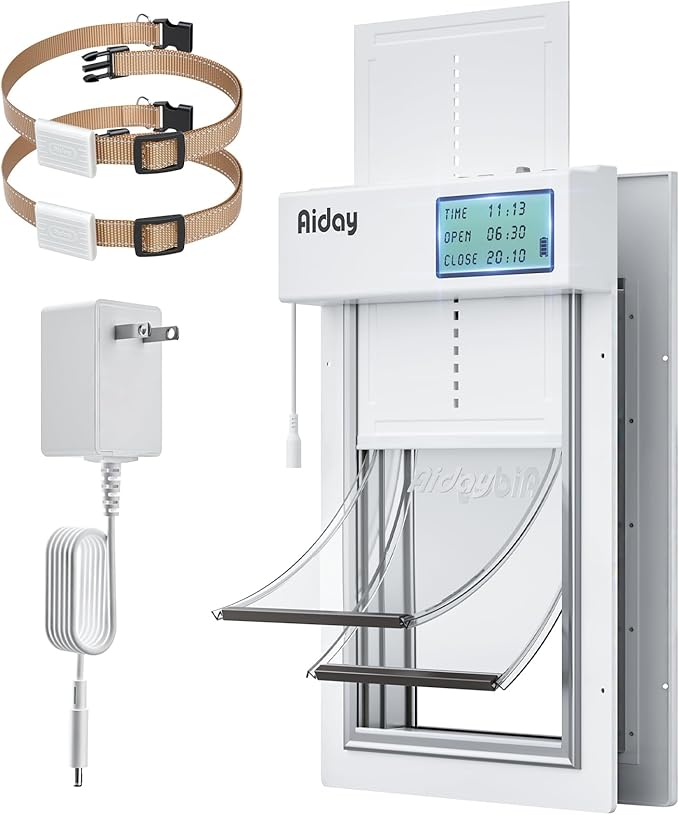 Automatic Dog Door for Door with Collar Sensor, Electronic Medium Dog Door with Timing Function, Anti-Pinch, Metal Frame&Panels, Mains-Powered- M