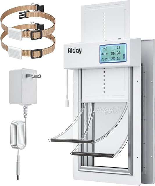 Automatic Dog Door for Door with Collar Sensor, Electronic Medium Dog Door with Timing Function, Anti-Pinch, Metal Frame&Panels, Mains-Powered- M