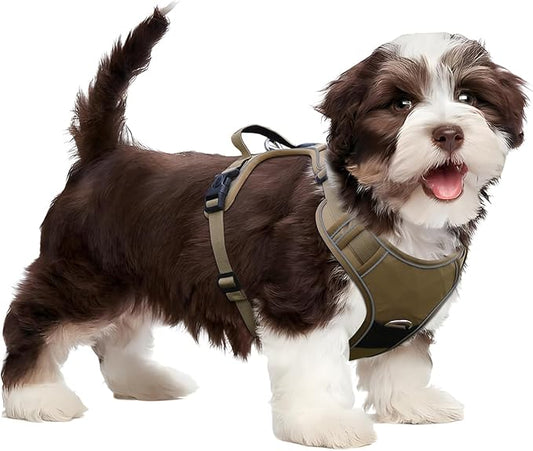 No Pull Harness with Tracker Tag Holder for Small Dogs,Adjustable Escape-Proof, No Choke and Reflective Vest with Handle for Easy Control Comfortable Vest Harness for Training Walking Hiking, Khaki S