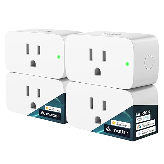 Linkind Matter Smart Plug, Work with Apple Home, Siri, Alexa, Google, SmartThings, Smart Outlet 15A/1800W Max, Smart Home Automation, APP Remote Control,Timer&Schedule, 2.4G Wi-Fi Only, 4 Pack